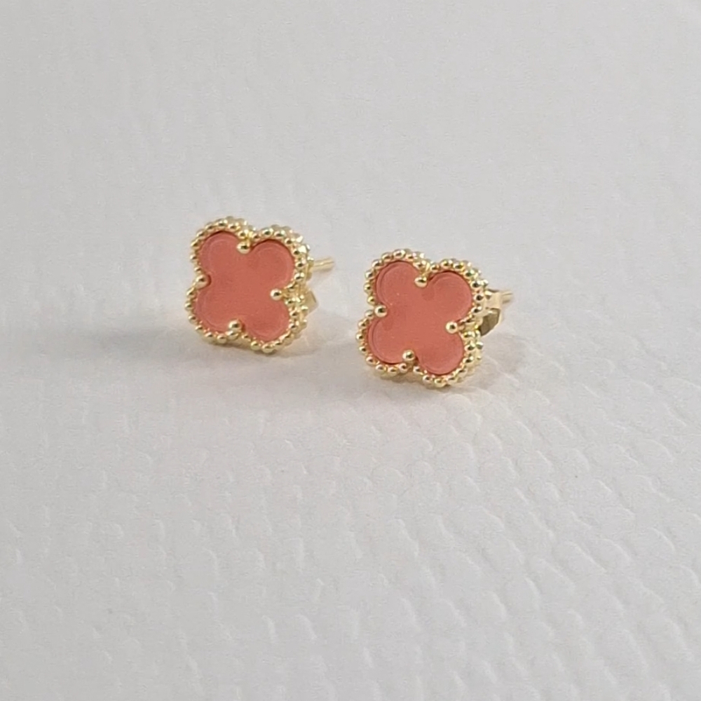 Pink enamel four leafs flower stud earrings